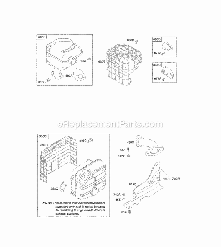 Exhaust System Diagram and Parts List for 20H237-0113-E9  Briggs and Stratton Engine